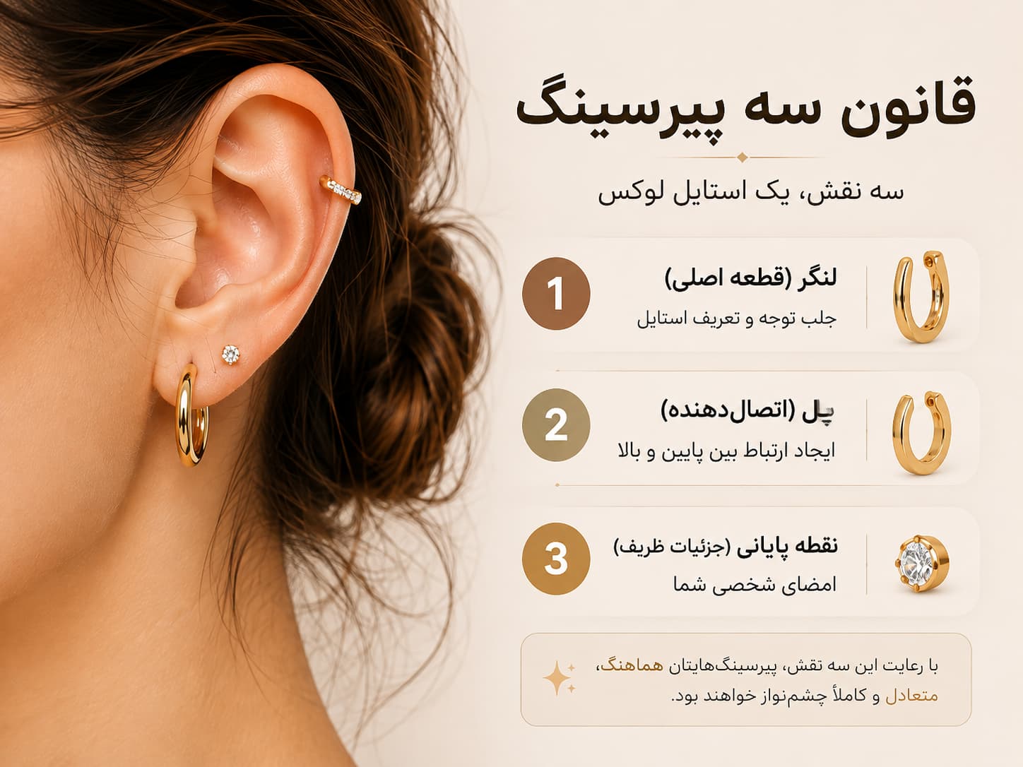 قانون سه پیرسینگ گوش شامل قطعه اصلی، پیرسینگ میانی و جزئیات ظریف